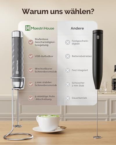 Maestri House ClimatePartner certified Milchaufschäumer Electric Milk Whisk Stufenlose Geschwindigkeit Wiederaufladbar E
