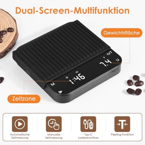 Gaethra Digitale Kaffeewaage mit Timer für Baristi mit Hoher Präzision, USB-C Wiederaufladbar, Automatischer Tarierung
G