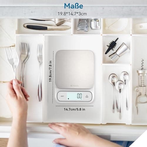 BOMATA Wasserdichte IPX6 Küchenwaage für Küche und Kochen mit Edelstahl-Wageplatte und Hintergrundbeleuchtung - B619 Wei