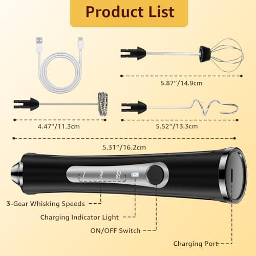 NEUTYPECHIC Elektrischer Milchaufschäumer USB-C Aufladbar Schwarz mit 3 Geschwindigkeiten und 3 Aufschäumköpfen für Kaff