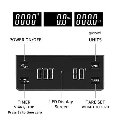 3T6B Elektronische Küchenwaage für Kaffee und Timer (3kg/0.1g) mit LED-Anzeige und Batterien enthalten