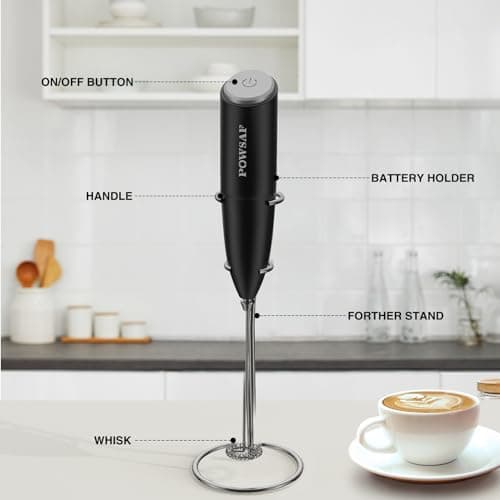 POWSAF Schwarz/Silbrig Milchaufschäumer elektrisch mit Ständer, 13000 U/min, ideal für Latte, Cappuccino und Kaffee