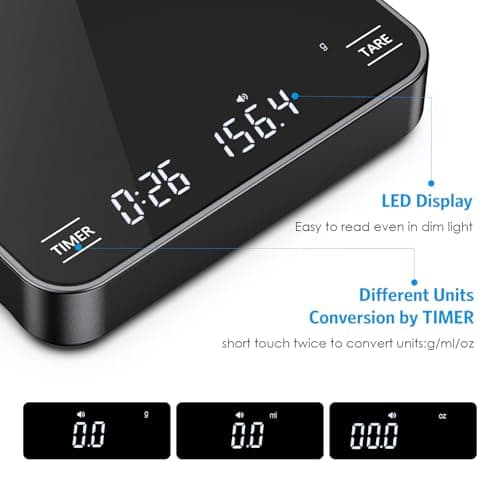 Brifit Mini Kaffeewaage mit Timer für Coffee Lovers im Büro und Zuhause, 2kg/0.1g Feinwaage mit USB Wiederaufladung, LED
