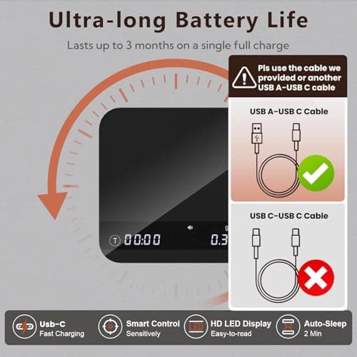 Mini-Kaffeewaage mit Timer für Barista und Filterkaffee (2kg/0.1g Genaue, LED Anzeige, Schwarz)  
wiederaufladbare Baris