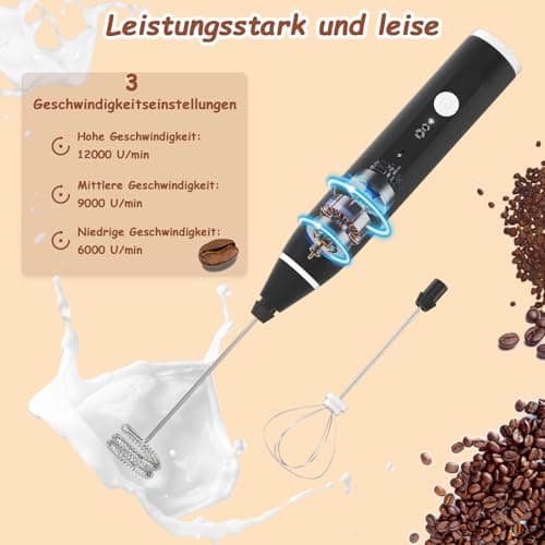 FITNATE Elektrischer Milchaufschäumer für Kaffee und Latte Artig mit 3 Stufen und Edelstahl Schneebesen, 12V aufladbare