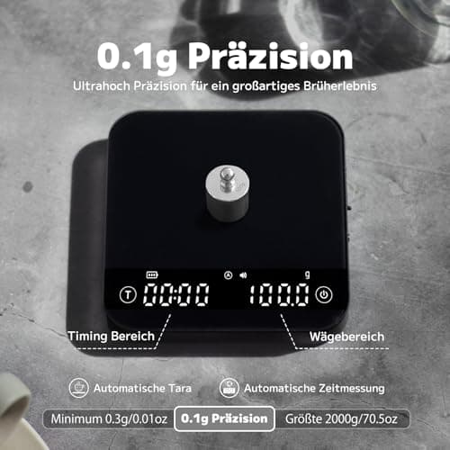 FOXNSK Espresso Waage mit Timer, 0.1g Genaue Kaffeewaage für Barista, Max 2kg, Schwarz