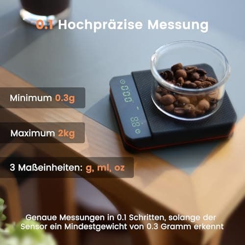 【FOXNSK+Mini Kaffeewaage】+【0.1g Genaue】+【Coffee Scale】+【Barista】+【Timer】+【USB Aufladbar】+【Led Display】+【Max 2kg】+【Schwar