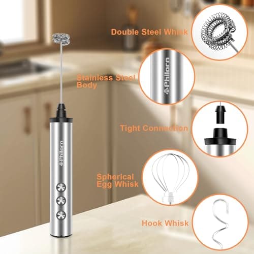 Philorn Elektrischer Milchauflöffel 3-Gang USB-Aufladbar Edelstahl mit 3 Heads für Kaffee/Latte/Cappuccino/Creme/Cocktai
