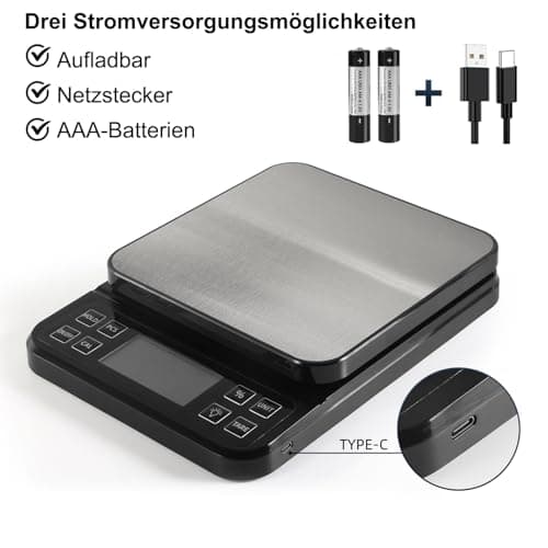 BOMATA 0.1g/5kg Große Küchenwaage, Hochpräzise Bäckereiwaage mit % Funktion, USB aufladbar, Rostfreie Stahlwiegeplatte