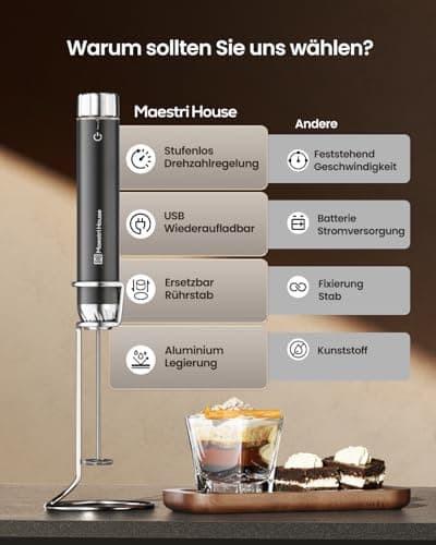 Maestri House Wiederaufladbarer Milchaufschäumer für Barista-Profis mit stufenloser Geschwindigkeitsregelung, Wasserspei