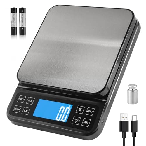 BOMATA 0.1g/5kg Große Küchenwaage, Hochpräzise Bäckereiwaage mit % Funktion, USB aufladbar, Rostfreie Stahlwiegeplatte