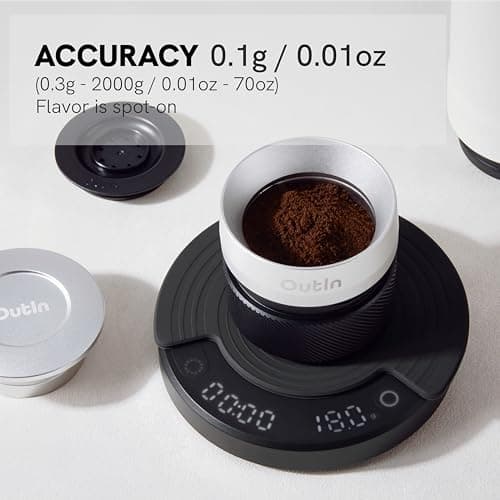 OutIn Claro Tragbare Kaffeewaage - Digitale Küchenwaage mit Timer für Pour Over & Kaffeezubereitung 2kg/0,1g, Inklusive