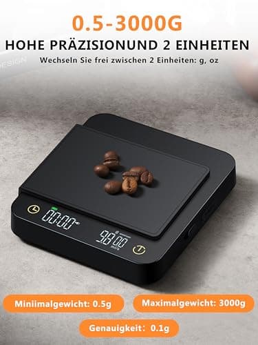 Foraco Mini-Kaffeewaage mit Timer & automatischer Zeitmessung, Präzise 3kg/0,1g Waage für Espresso & Pour-Over, Ideale K