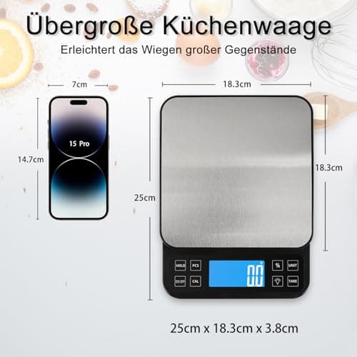 BOMATA 0.1g/5kg Große Küchenwaage, Hochpräzise Bäckereiwaage mit % Funktion, USB aufladbar, Rostfreie Stahlwiegeplatte