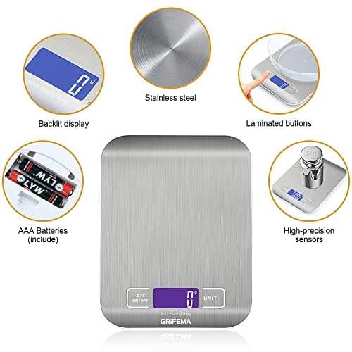 Digitale Küchenwaage GRIFEMA (Hochpräzise 1g-5000g), Feinwaage LCD Display, 2 Batterien Abstellautomatik
| GRIFEMA Digi