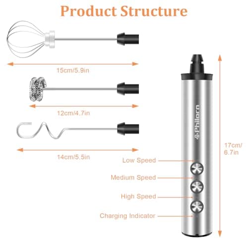 Philorn Elektrischer Milchauflöffel 3-Gang USB-Aufladbar Edelstahl mit 3 Heads für Kaffee/Latte/Cappuccino/Creme/Cocktai