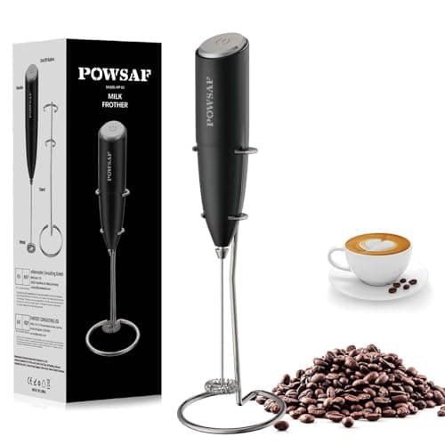 POWSAF Schwarz/Silbrig Milchaufschäumer elektrisch mit Ständer, 13000 U/min, ideal für Latte, Cappuccino und Kaffee