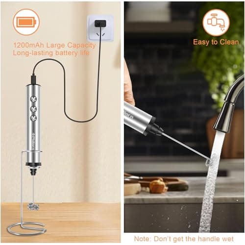 Philorn Elektrischer Milchauflöffel 3-Gang USB-Aufladbar Edelstahl mit 3 Heads für Kaffee/Latte/Cappuccino/Creme/Cocktai