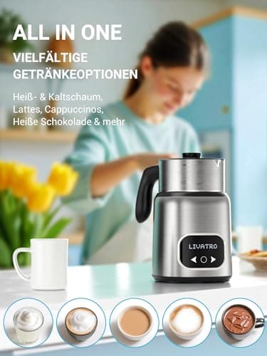 Livatro Elektrischer Milchaufschäumer Doppelbechern 600ml/400ml füreinheitliche Preise & Spitzenleistung mit Induktion &