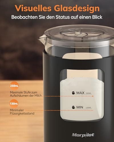 Morpilot Elektrischer Milchaufschäumer 130-600ml 550W, 4 in 1 Milchschäumer für Heißer und Kalter, Visuelles Glas, Latte