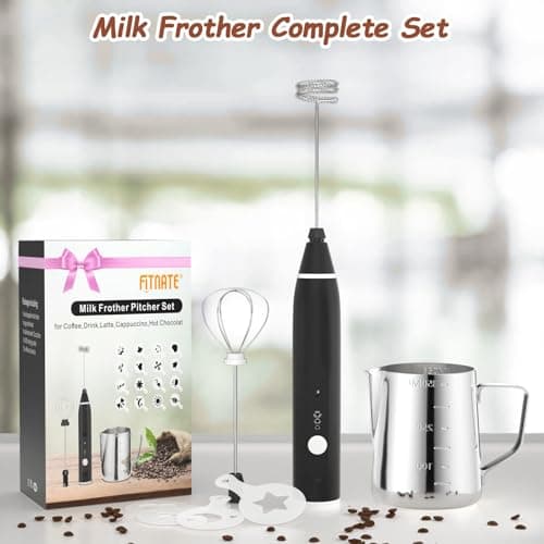 FITNATE Elektrischer Milchaufschäumer für Kaffee und Latte Artig mit 3 Stufen und Edelstahl Schneebesen, 12V aufladbare