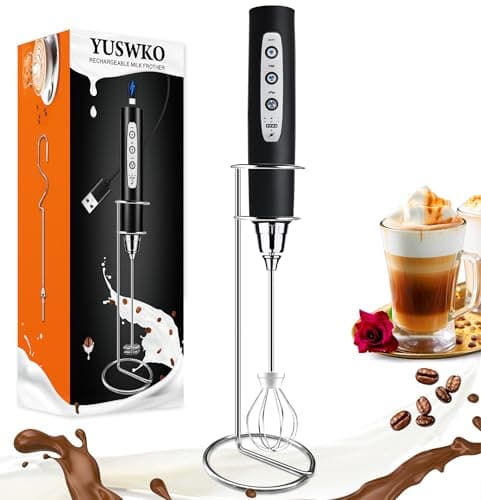 YUSWKO Schwarz Milchaufschäumer Stab Elektrisch für Kaffee und Getränke mit 3 Schneebesen-Köpfe und 3 Geschwindigkeiten