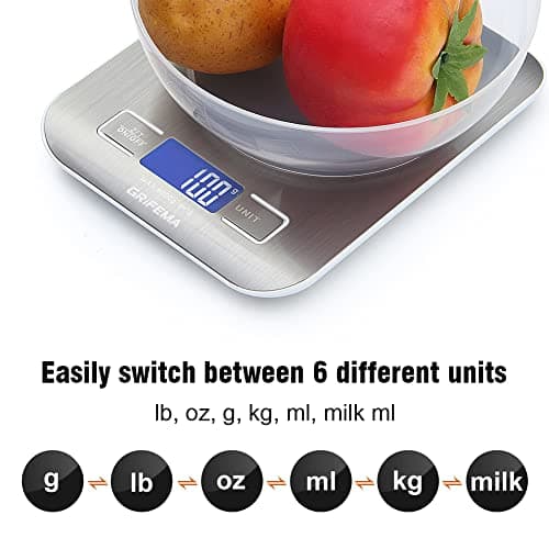 Digitale Küchenwaage GRIFEMA (Hochpräzise 1g-5000g), Feinwaage LCD Display, 2 Batterien Abstellautomatik
| GRIFEMA Digi