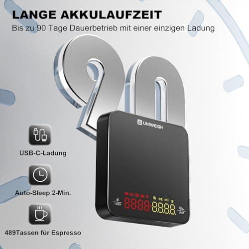 UNIWEIGH Mini-Kaffeewaage mit Timer für Kaffeeverzehrer in der Küche und Bar, 2kg/0,1g Präzisionswaage für Espresso & Po