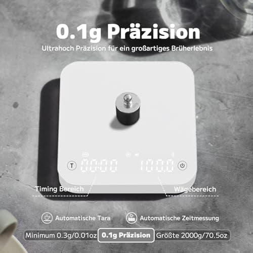 FOXNSK Espresso Waage mit Timer, 0.1g genaue Kaffeewaage für Barista, Max 2kg, Weiß