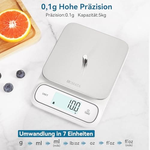 BOMATA Wasserdichte IPX6 Küchenwaage für Küche und Kochen mit Edelstahl-Wageplatte und Hintergrundbeleuchtung - B619 Wei