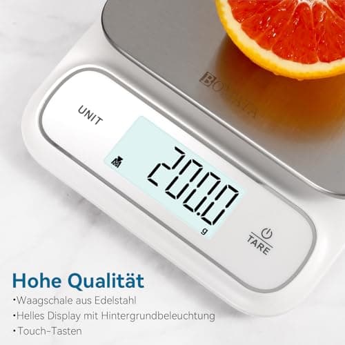 BOMATA Wasserdichte IPX6 Küchenwaage für Küche und Kochen mit Edelstahl-Wageplatte und Hintergrundbeleuchtung - B619 Wei