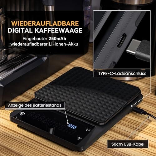 Bemece Wiederaufladbare Digital Kaffeewaage, Kaffeewaage mit Timer, 0,1 g Genauigkeit, Wasserdichte Espresso Waage mit G