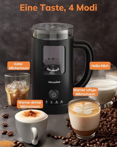 Morpilot Elektrischer Milchaufschäumer 130-600ml 550W, 4 in 1 Milchschäumer für Heißer und Kalter, Visuelles Glas, Latte