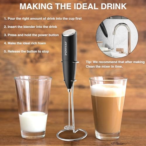 POWSAF Schwarz/Silbrig Milchaufschäumer elektrisch mit Ständer, 13000 U/min, ideal für Latte, Cappuccino und Kaffee