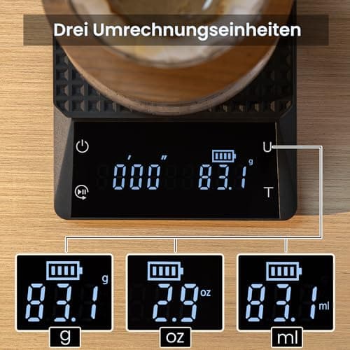Bemece Wiederaufladbare Digital Kaffeewaage, Kaffeewaage mit Timer, 0,1 g Genauigkeit, Wasserdichte Espresso Waage mit G