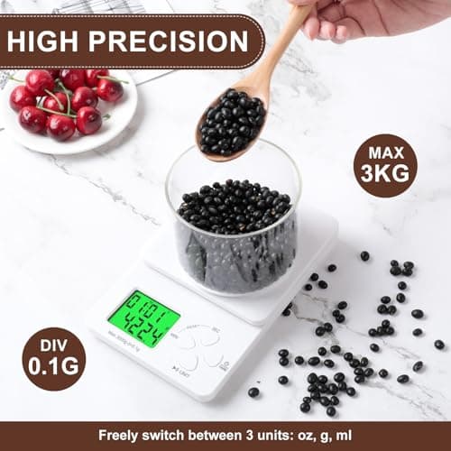 AiQInu Küchenwaage Digital mit Timer für Küchenprofi und -anfänger, 3kg/0.1g Hochpräzise Kaffeewaage, 3kg Küchenwaage mi