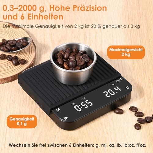 Gaethra Digitale Kaffeewaage mit Timer für Baristi mit Hoher Präzision, USB-C Wiederaufladbar, Automatischer Tarierung
G