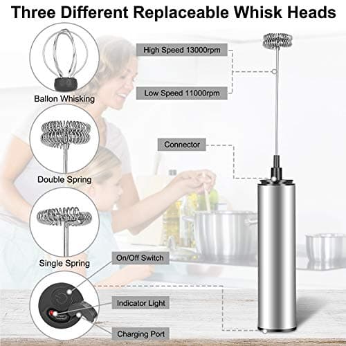MOSUO Elektrischer Milchaufschäumer USB Ladbar Edelstahl Mini Handmixer Doppel-Schneebesen Creme Aufschäumen Kaffee Cock
