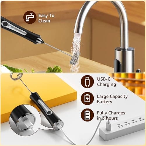 NEUTYPECHIC Elektrischer Milchaufschäumer USB-C Aufladbar Schwarz mit 3 Geschwindigkeiten und 3 Aufschäumköpfen für Kaff