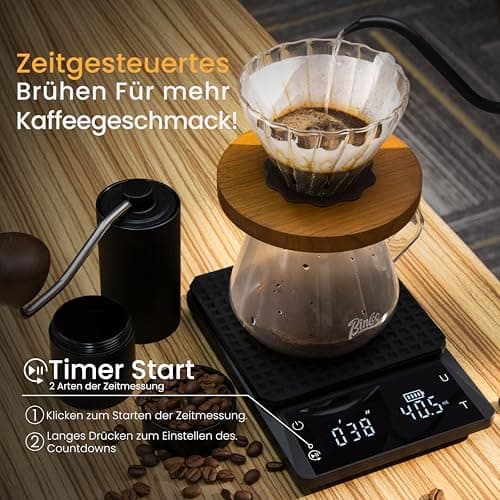 Bemece Wiederaufladbare Digital Kaffeewaage, Kaffeewaage mit Timer, 0,1 g Genauigkeit, Wasserdichte Espresso Waage mit G