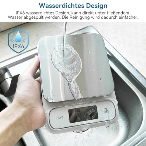 BOMATA Wasserdichte IPX6 Küchenwaage für Küche und Kochen mit Edelstahl-Wageplatte und Hintergrundbeleuchtung - B619 Wei