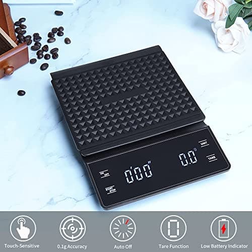 3T6B Elektronische Küchenwaage für Kaffee und Timer (3kg/0.1g) mit LED-Anzeige und Batterien enthalten