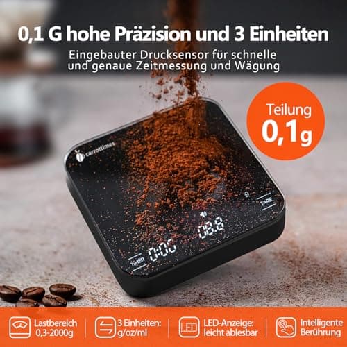 Carrottimes Wiederaufladbare Mini Kaffeewaage mit Timer - Präzision 2 kg/0,1 g für Espresso und Pour-Over (schwarz)  
Ca