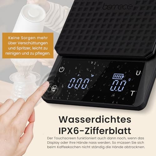 Bemece Wiederaufladbare Digital Kaffeewaage, Kaffeewaage mit Timer, 0,1 g Genauigkeit, Wasserdichte Espresso Waage mit G