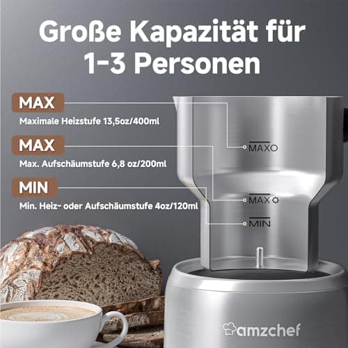 AMZCHEF Milchaufschäumer Edelstahl LED-Touchscreen 3D-Induktion Ertümt Schokolade und Milch für(latte, Cappuccino, Mokka