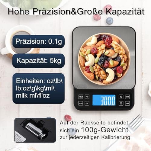 BOMATA 0.1g/5kg Große Küchenwaage, Hochpräzise Bäckereiwaage mit % Funktion, USB aufladbar, Rostfreie Stahlwiegeplatte