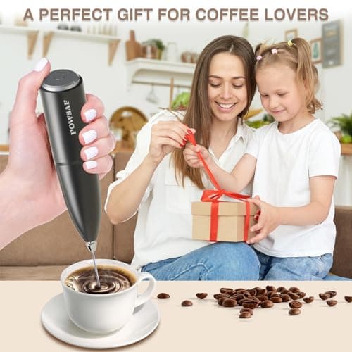 POWSAF Schwarz/Silbrig Milchaufschäumer elektrisch mit Ständer, 13000 U/min, ideal für Latte, Cappuccino und Kaffee