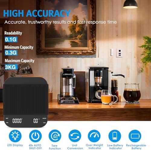 Brifit Highpräzise Espresso Waage 3kg/0.1g, Hochpräzise Küchenwaage, USB Laden, LED-Anzeige, Tara Funktion, Touch-Button