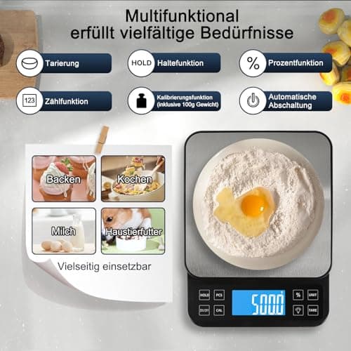 BOMATA 0.1g/5kg Große Küchenwaage, Hochpräzise Bäckereiwaage mit % Funktion, USB aufladbar, Rostfreie Stahlwiegeplatte