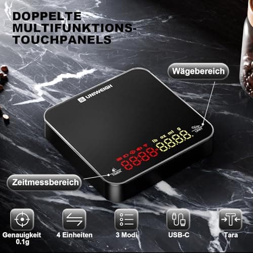 UNIWEIGH Mini-Kaffeewaage mit Timer für Kaffeeverzehrer in der Küche und Bar, 2kg/0,1g Präzisionswaage für Espresso & Po